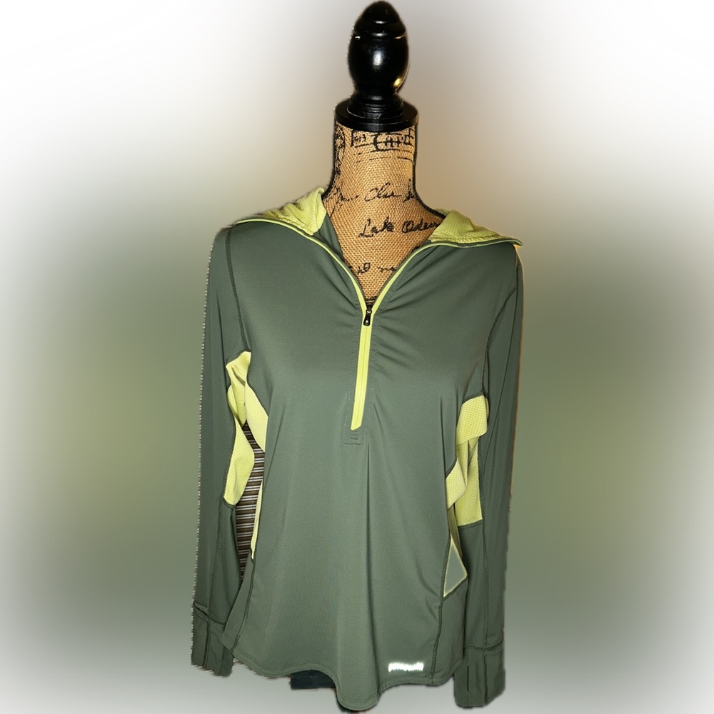 Patagonia All Weather Olive Green Neon Yellow Mesh Hooded Quarter Zip Pullover L